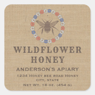 Adesivo Quadrado Rótulo de frasco de mel de abelha rústica floral