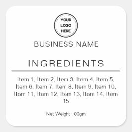 Adesivo Quadrado Rótulo de Lista de Ingredientes Branco com Logotip