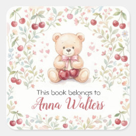 Adesivo Quadrado Rótulo de Livro Moldura Cereja Urso Personalizado