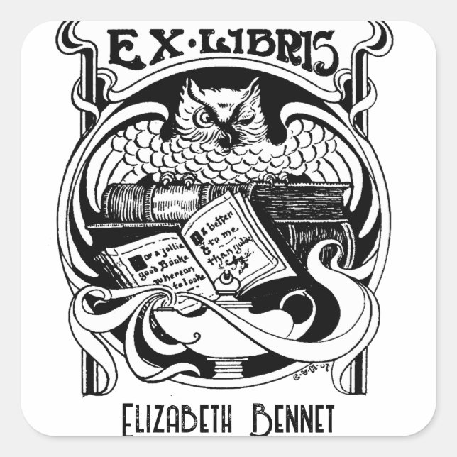 Adesivo Quadrado rótulo de livro Owl Ex Libris (Frente)