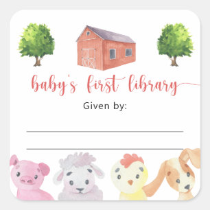 Adesivo Quadrado rótulo de livro para chá de bebê na fazenda, livro