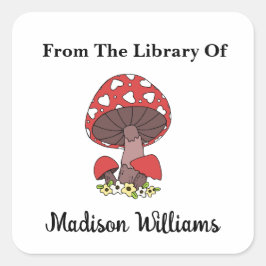 Adesivo Quadrado Rótulo de Livro Personalizado Cogumelo Retro com C