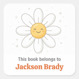 Adesivo Quadrado Rótulo de Livro Personalizado com Margarida Branca