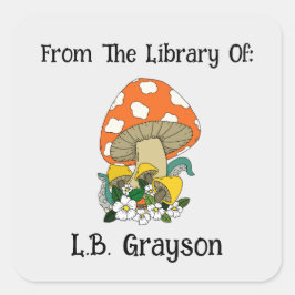 Adesivo Quadrado Rótulo de Livro Personalizado Retro Cogumelo