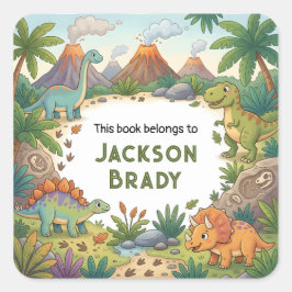 Adesivo Quadrado Rótulo de Livro Tropical de Dinossauros Personaliz