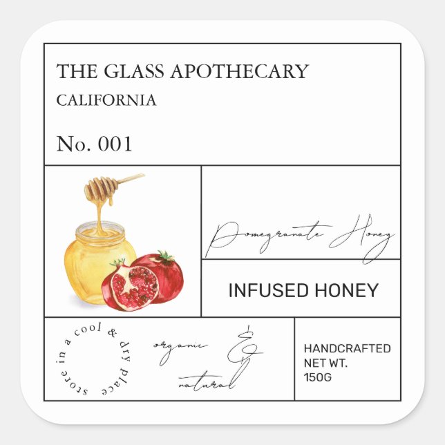 Adesivo Quadrado Rótulo de Mel com Romã da Farmácia (Frente)