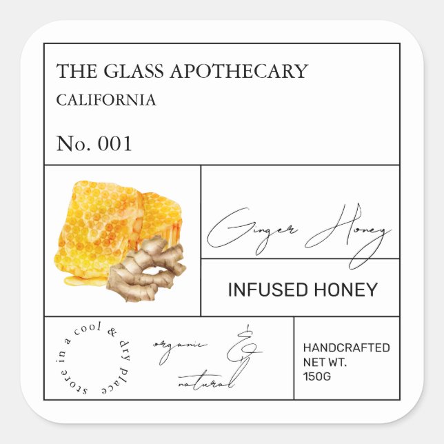 Adesivo Quadrado Rótulo de Mel de Ginger Root Infuso (Frente)