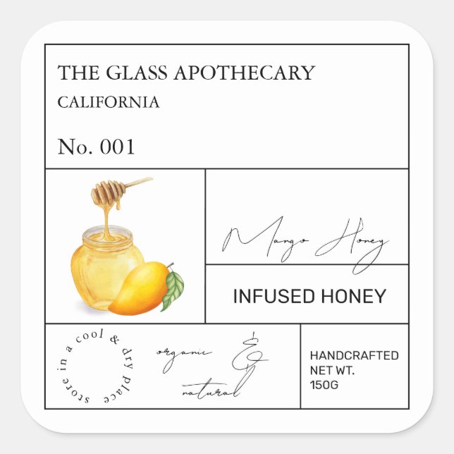 Adesivo Quadrado Rótulo de Mel de Manga da Farmácia (Frente)