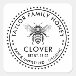Adesivo Quadrado Rótulo de mel de trevo com abelha melífera de cor 