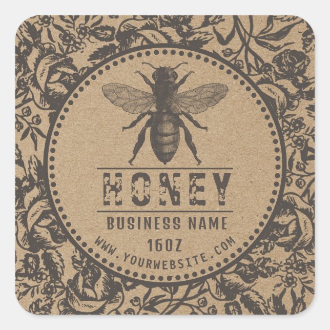 Adesivo Quadrado Rótulo de mel Kraft | Flores E Abelhas (Frente)