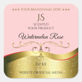 Adesivo Quadrado Rótulo de Monograma Vermelho Claro, Dourado Decor 