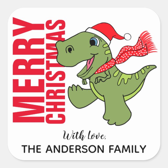 Adesivo Quadrado Rótulo de Natal de Dinossauro (Frente)