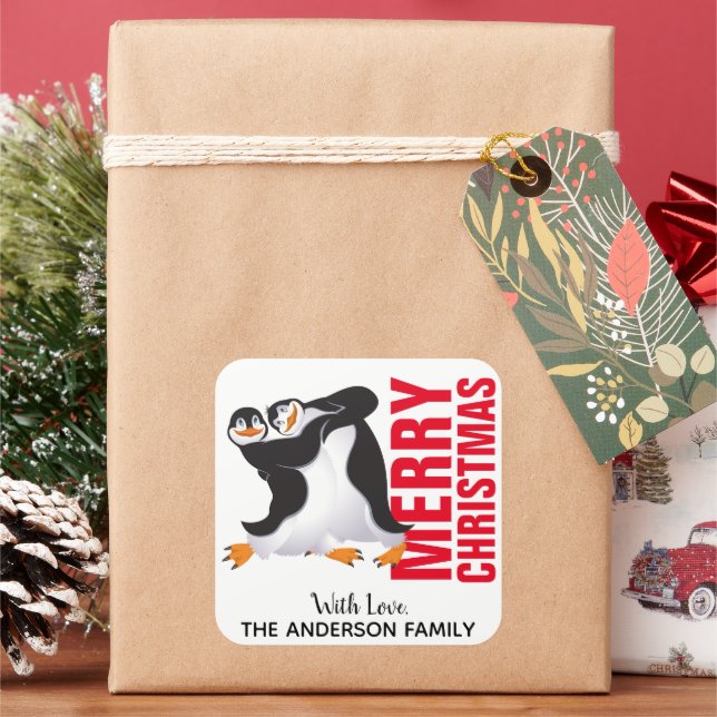 Adesivo Quadrado Rótulo de Natal dos Pinguins Dançantes (Feriado)