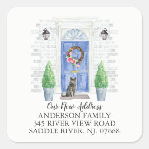 Adesivo Quadrado Rótulo de Novo Endereço Azul de Porta Azul para 