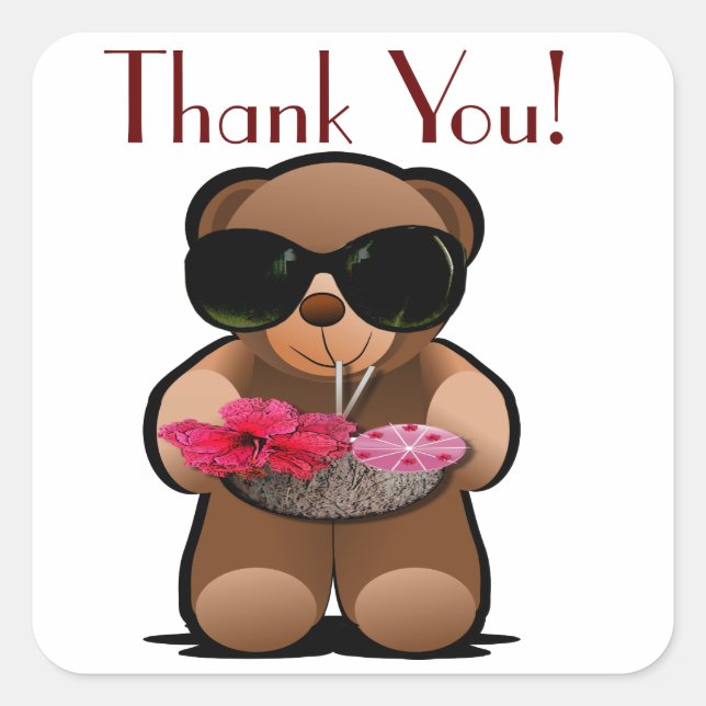 Adesivo Quadrado Rótulo de Obrigado Urso de Teddy (Frente)