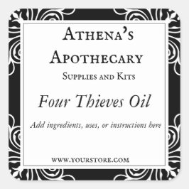 Adesivo Quadrado Rótulo de Óleo Ortográfico de Flor Preto e Branco