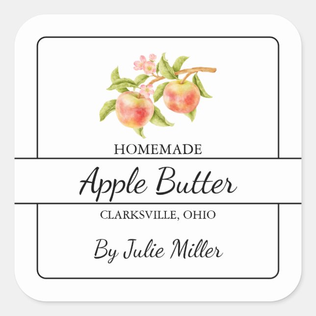 Adesivo Quadrado Rótulo de Praça da Manteiga de Maçã Caseira (Frente)