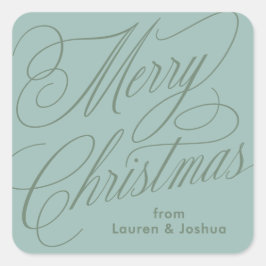 Adesivo Quadrado rótulo de presente verde azul script Feliz Natal
