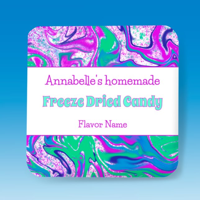 Adesivo Quadrado Rótulo de Produto Personalizado de Brilho de Doces (Freeze dried candy product label template to customize. Vibrant colorful unique editable sticker 
)