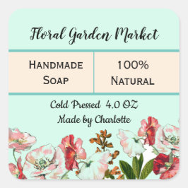 Adesivo Quadrado Rótulo de Produto Soap de Casca Floral de Aquarela