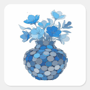 Adesivo Quadrado Rótulo de vaso floral azul fresco design BLUE