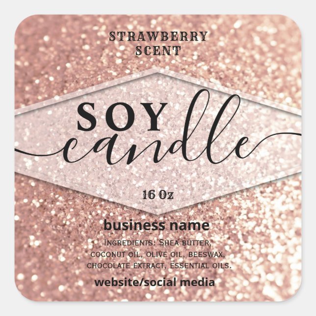 Adesivo Quadrado Rótulo de vela de soja em script brilhante dourado (Frente)