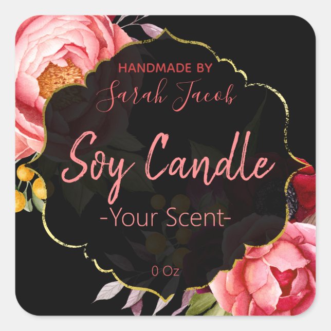 Adesivo Quadrado Rótulo de Vela Floral de Soja Personalizável (Frente)