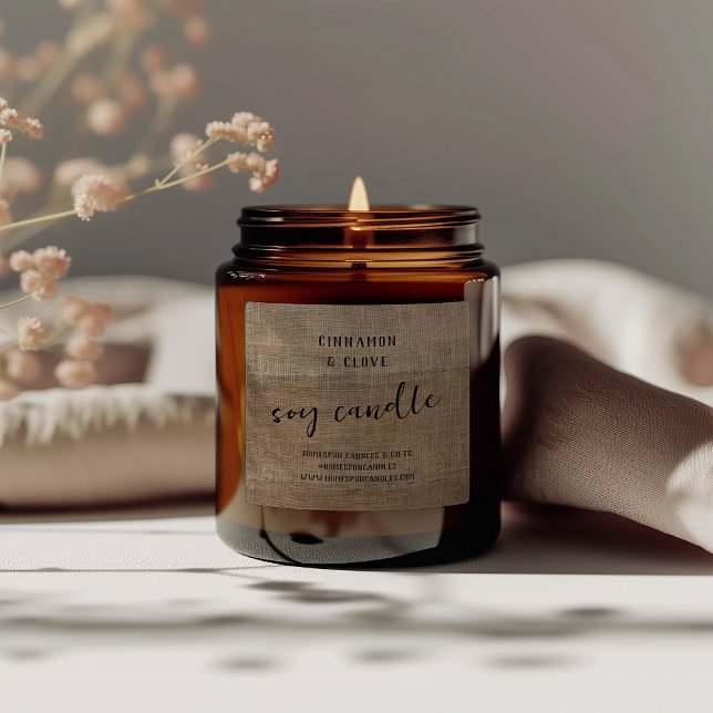 Adesivo Quadrado Rótulo de Vela Personalizada de Burlap, Atendido R (Rustic Distressed Burlap Custom Candle Label)