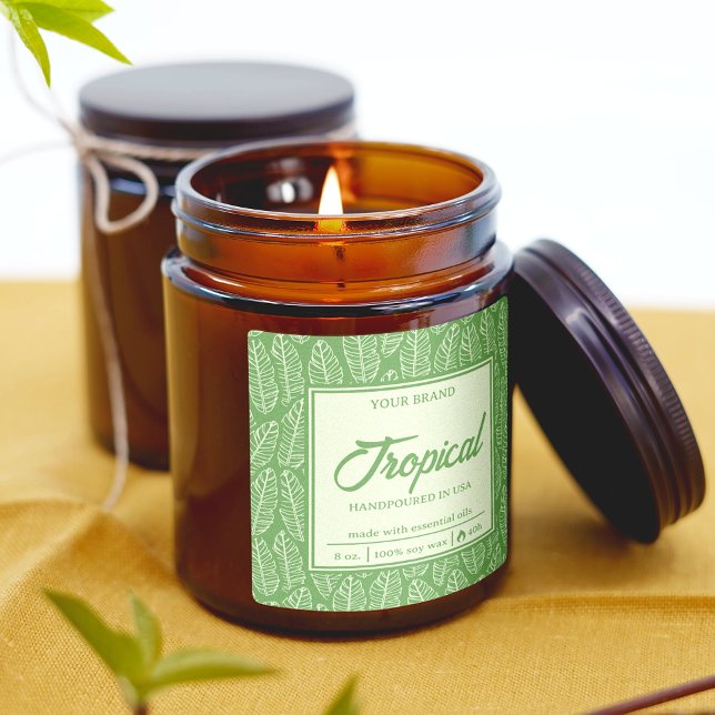Adesivo Quadrado Rótulo de Vela Verde Quadrada de Folhas Tropicais (Criador carregado)