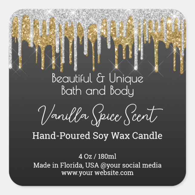Adesivo Quadrado Rótulo do Produto Dourado Glitter Glitter Frasco V (Frente)
