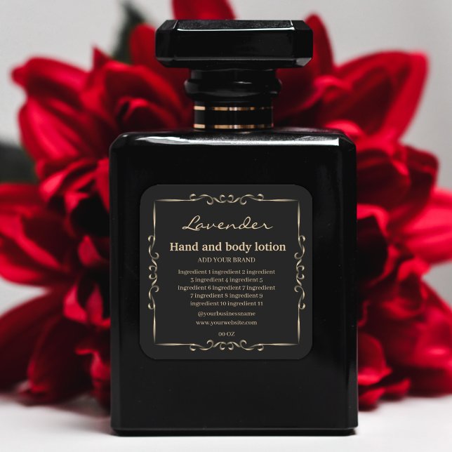Adesivo Quadrado Rótulo do produto Ouro e ingredientes negros de lu (#blackandgoldfooddrinklabels #ElegantGoldframe #intagefloralborder #decorative #candlelabel#candlest)