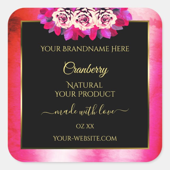 Adesivo Quadrado Rótulo do Produto Preto, Padrão de Mármore Rosa, F (Frente)