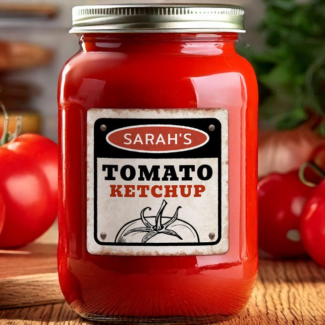 Adesivo Quadrado Rótulo editável de ketchup de tomate com sinal de  (Criador carregado)