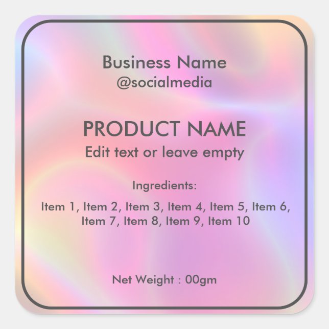 Adesivo Quadrado Rótulo Holográfico do Produto Ingredientes Moderno (Frente)