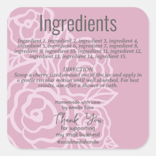 Adesivo Quadrado Rótulo Ingrediente Floral Elegante, cor-de-rosa, R