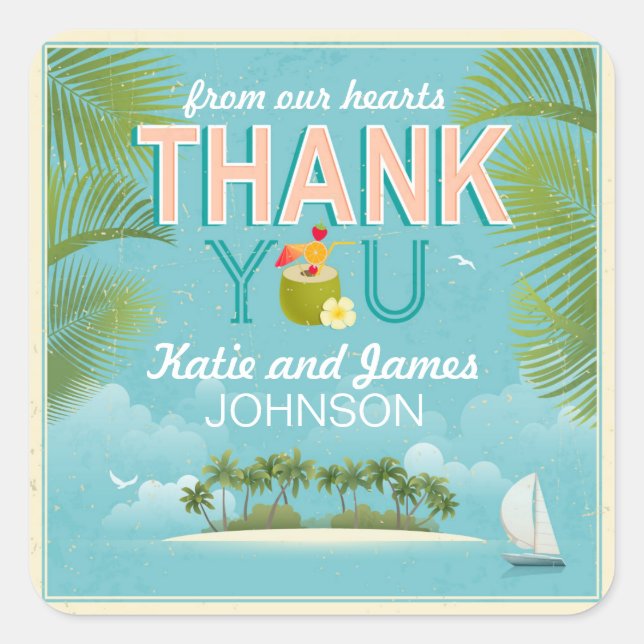 Adesivo Quadrado Rótulo Island Resort Destination Obrigado (Frente)