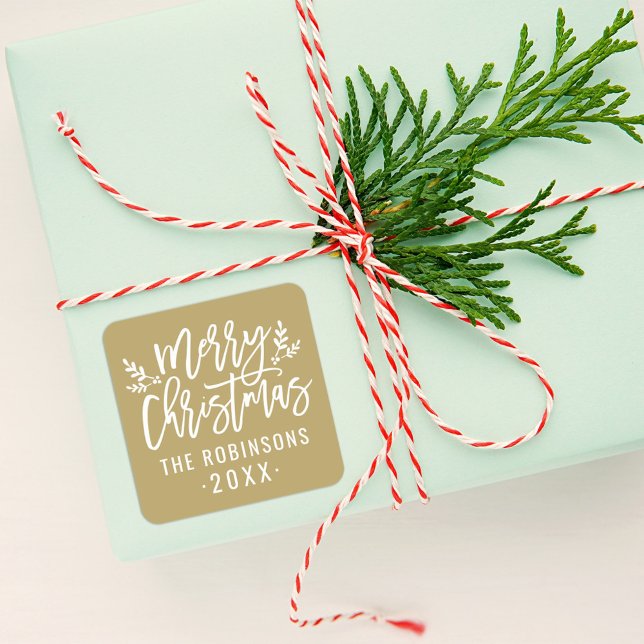 Adesivo Quadrado Rótulo Personalizado de Natal Feliz em Script Mode (Criador carregado)