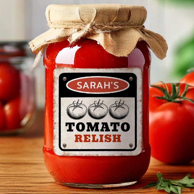 Adesivo Quadrado Rótulo personalizado do Tomato Relish com sinal de (Criador carregado)