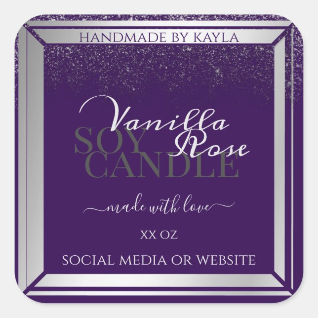 Adesivo Quadrado Rótulos de empacotamento de produtos roxos moderno (Frente)