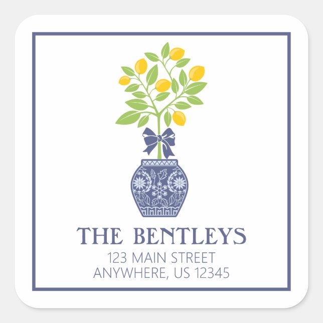 Adesivo Quadrado Rótulos de Endereço de Retorno da Árvore de Limão  (Frente)