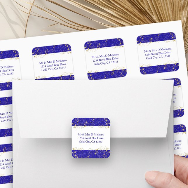 Adesivo Quadrado Rótulos de Endereço Real Azul e Dourado Floral Squ (Address Labels from my Elegant Gold Flowers Quinceanera Collection)