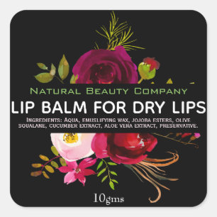 Adesivo Quadrado Rótulos de Lip Balm de Flores Verde Roxas Pretas