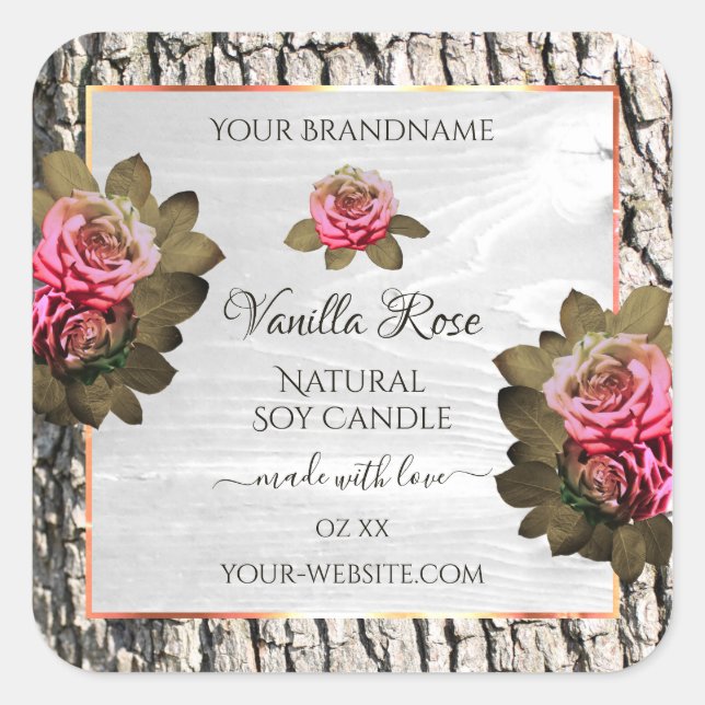 Adesivo Quadrado Rótulos de Produto de Latido de Árvores Brancas (Frente)