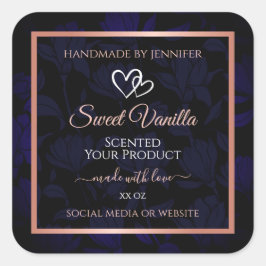 Adesivo Quadrado Rótulos de Produto Floral Azul Preto Moderno Rosa