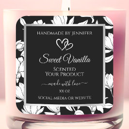 Adesivo Quadrado Rótulos de Produto Floral Branco e Preto Elegante