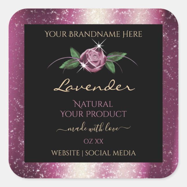 Adesivo Quadrado Rótulos de produto preto com brilho púrpura Flor R (Frente)