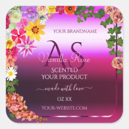 Adesivo Quadrado Rótulos de Produto Púrpura Rosa Floral Monograma M