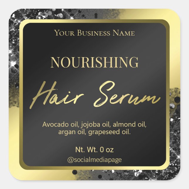Adesivo Quadrado Rótulos de Serum de Cabelo Dourado, Luminoso Negro (Frente)