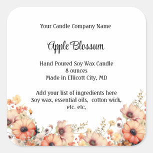 Adesivo Quadrado Rótulos de Velas Personalizados Flor de Pêssego Fl