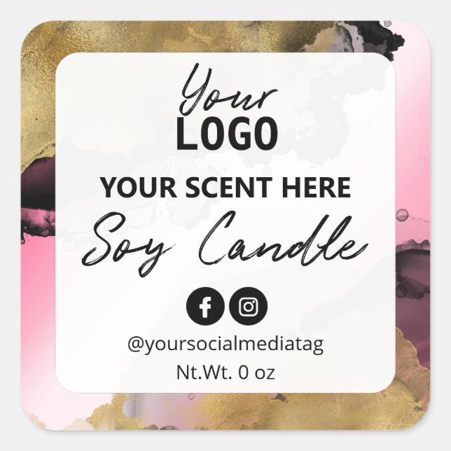 Adesivo Quadrado Rótulos Dourados de Tinta Branca de Soja, Rosa (Frente)